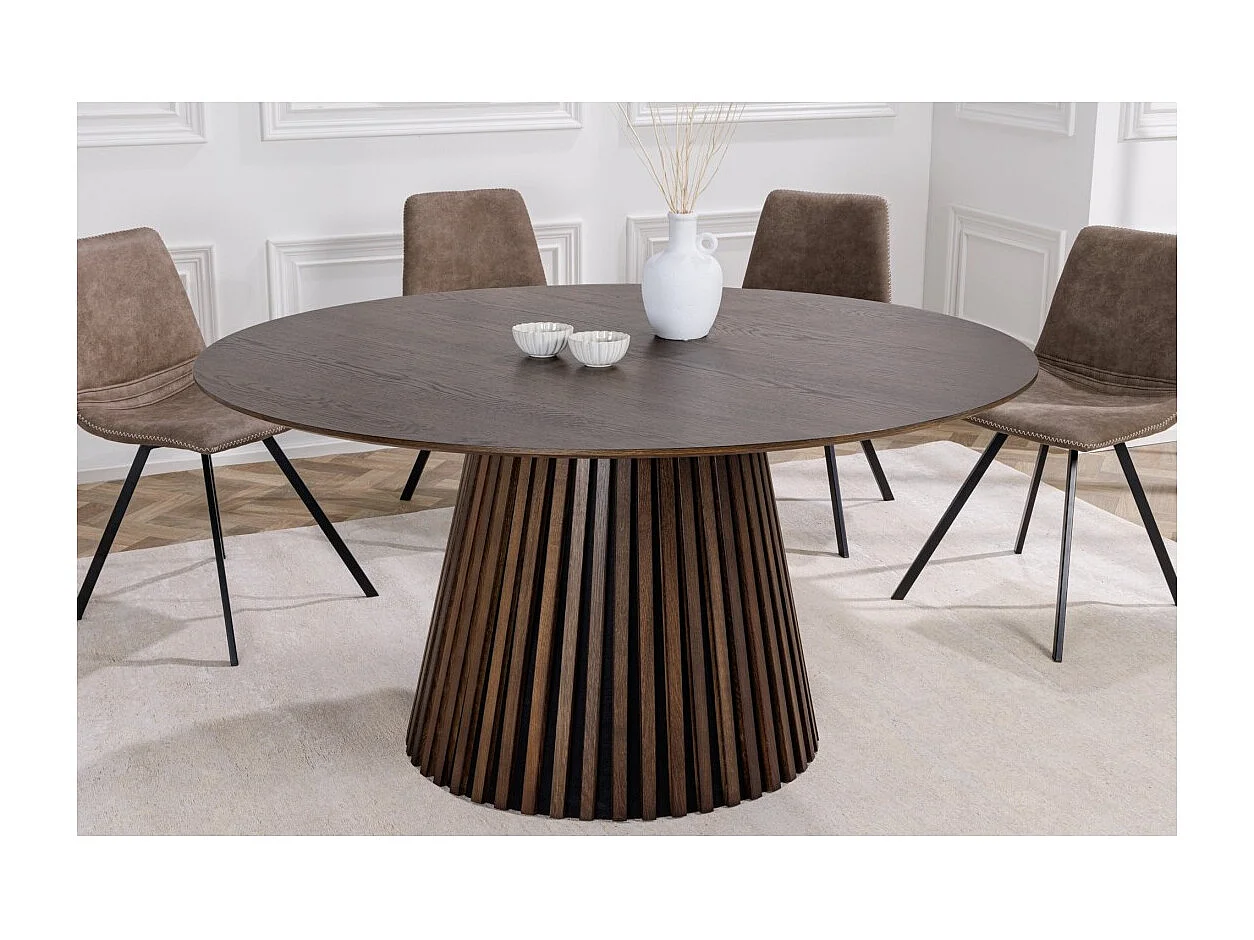 Table de salle à manger KANOVA 120 cm – Plateau rond en chêne foncé et pied central design – Style contemporain