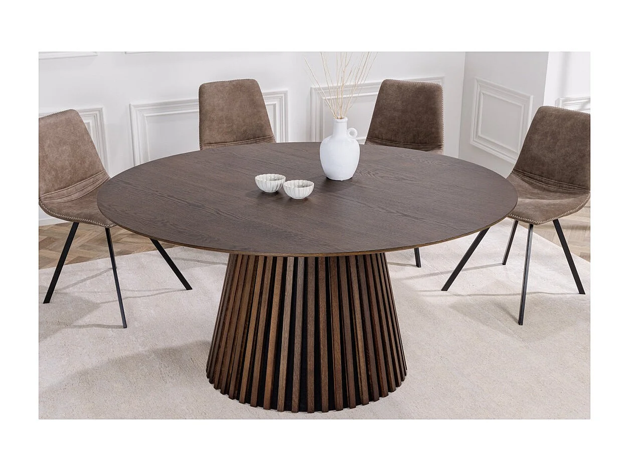 Table de salle à manger KANOVA 120 cm – Plateau rond en chêne foncé et pied central design – Style contemporain