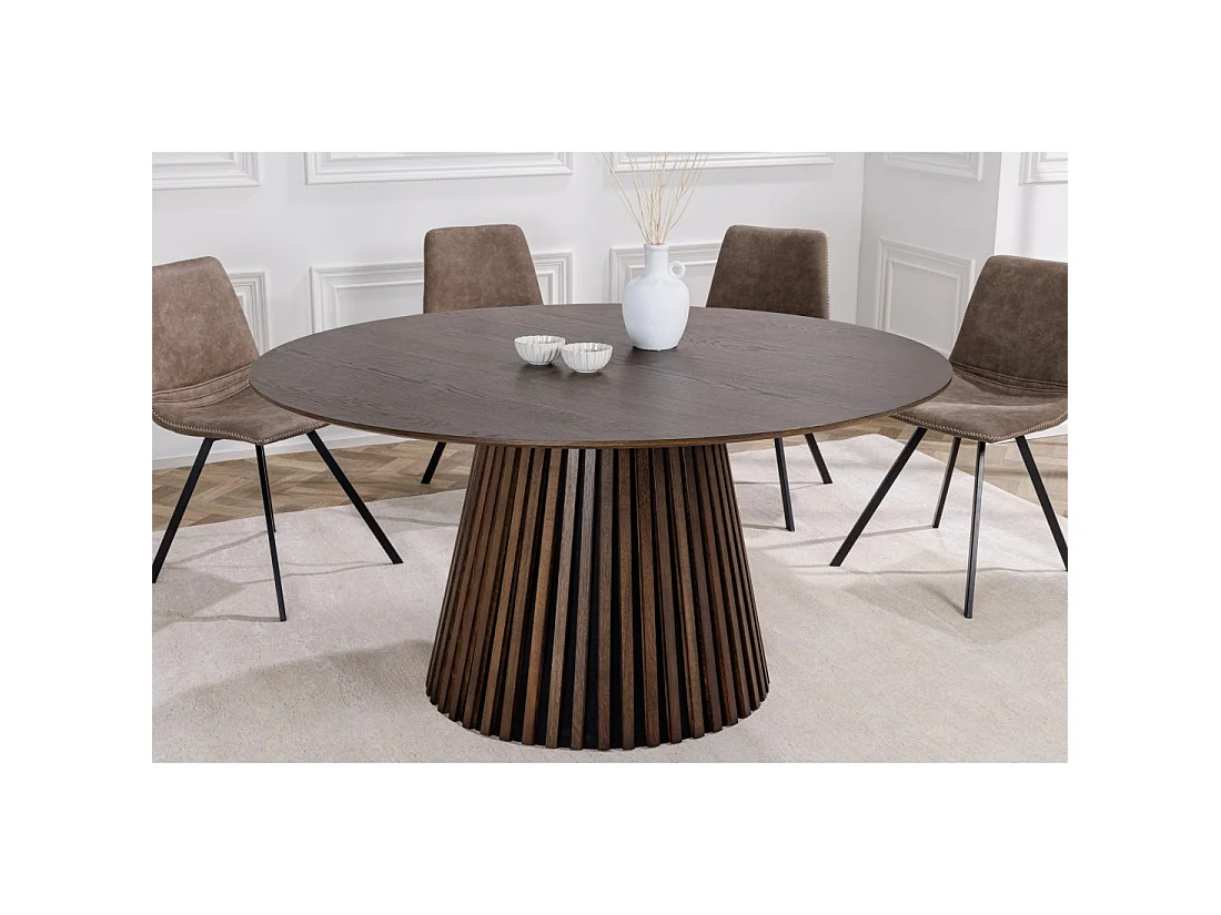Table de salle à manger KANOVA 120 cm – Plateau rond en chêne foncé et pied central design – Style contemporain