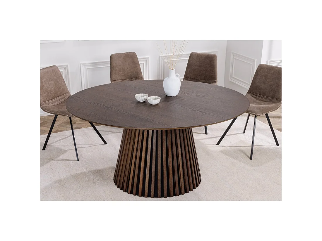 Table de salle à manger KANOVA 120 cm – Plateau rond en chêne foncé et pied central design – Style contemporain