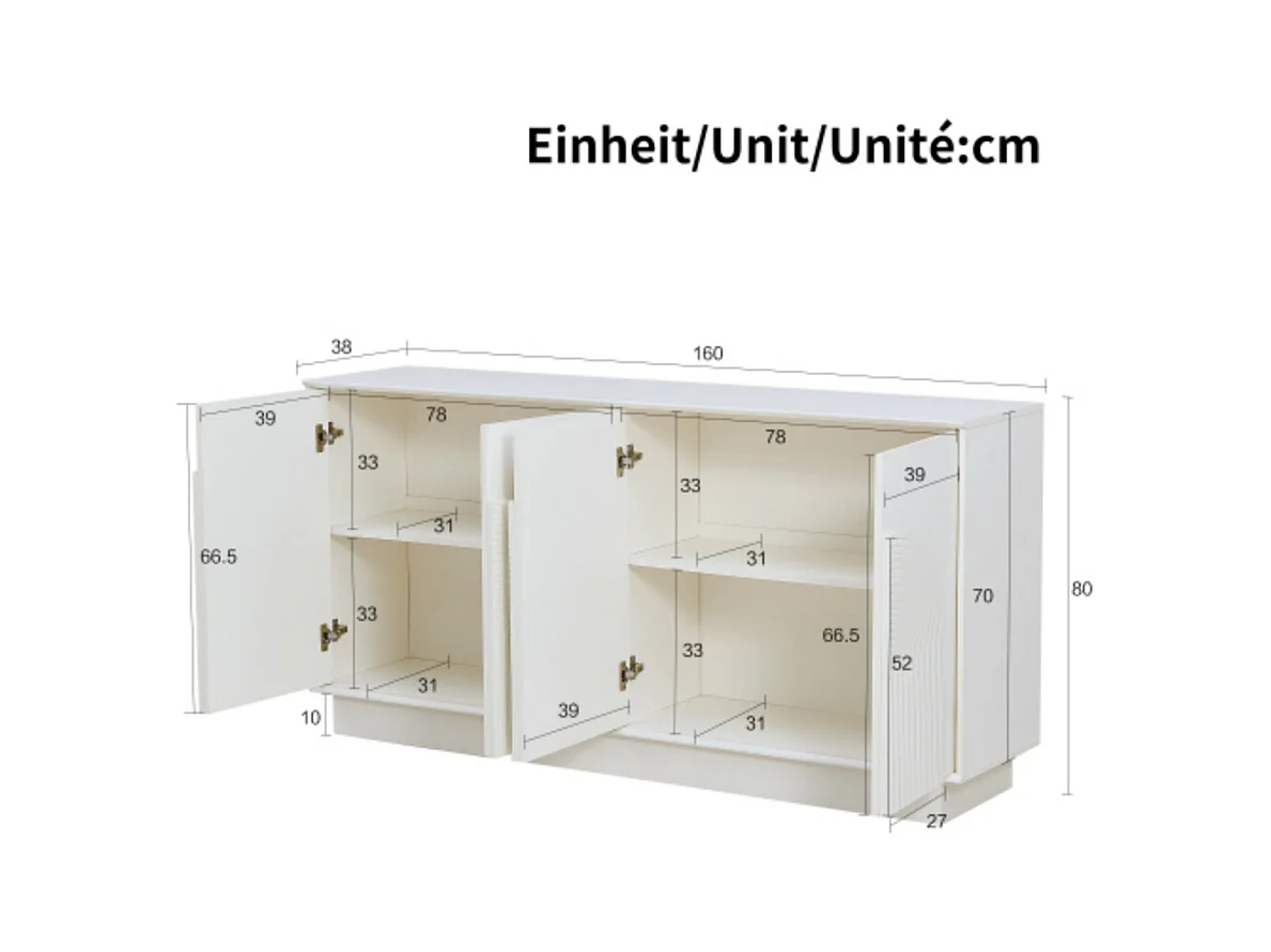 Sideboard mit gewölbten Türen, Kommode 4-Türiger Aufbewahrungsschrank für Wohnzimmer & Esszimmer