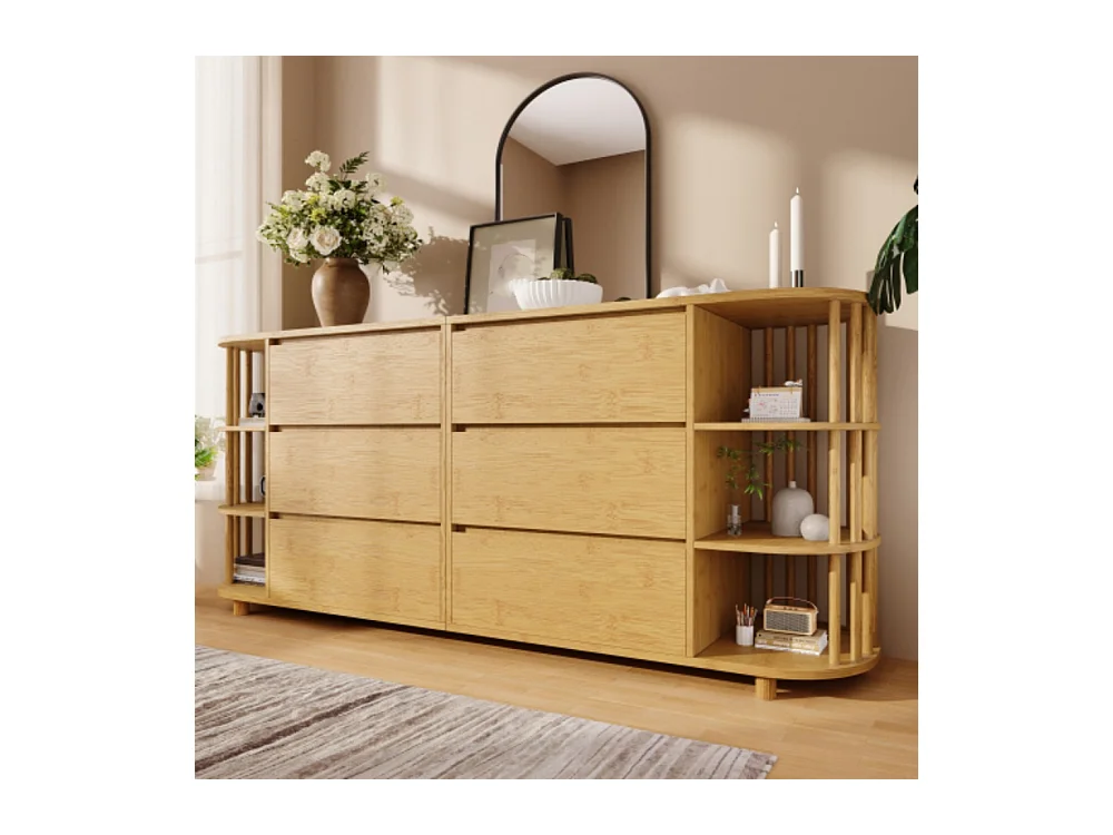 Kommode, Sideboard, 6 Schubladen & offene Regale, Höhenverstellbare Füße, Wohnzimmerunterschrank H75/B160/T40 cm