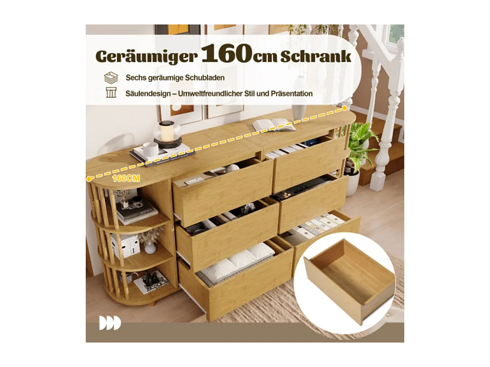 Kommode, Sideboard, 6 Schubladen & offene Regale, Höhenverstellbare Füße, Wohnzimmerunterschrank H75/B160/T40 cm