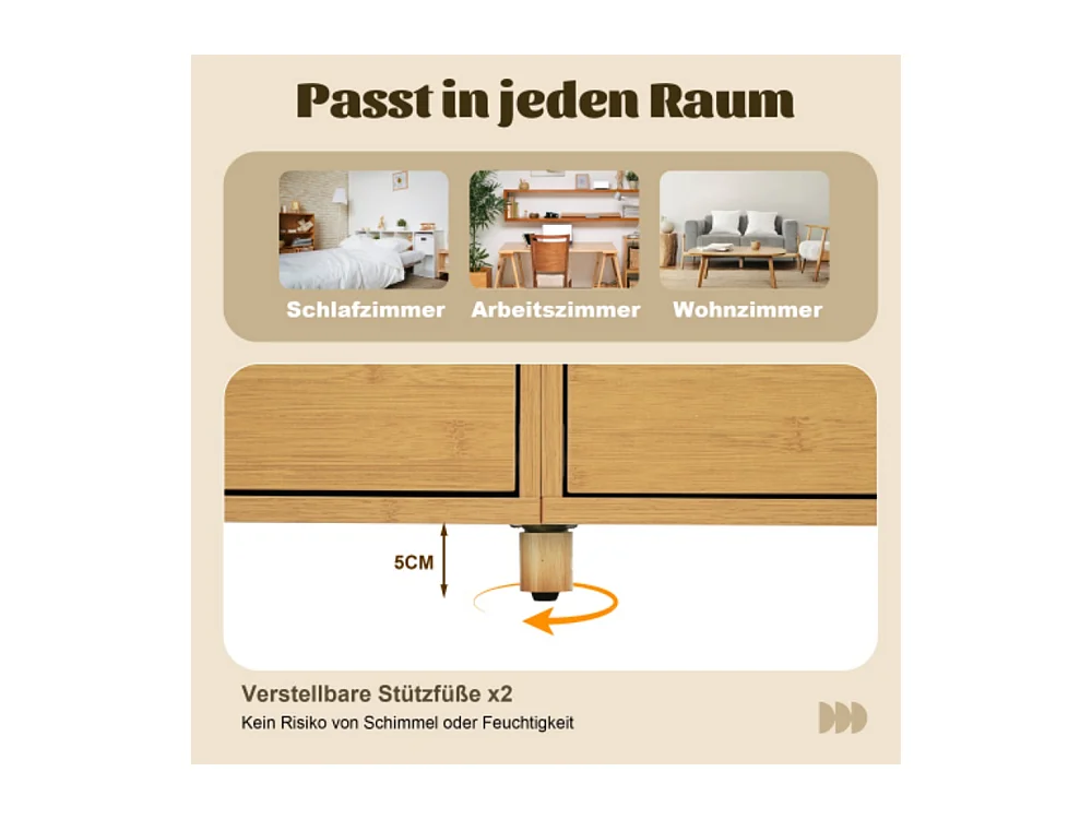Kommode, Sideboard, 6 Schubladen & offene Regale, Höhenverstellbare Füße, Wohnzimmerunterschrank H75/B160/T40 cm
