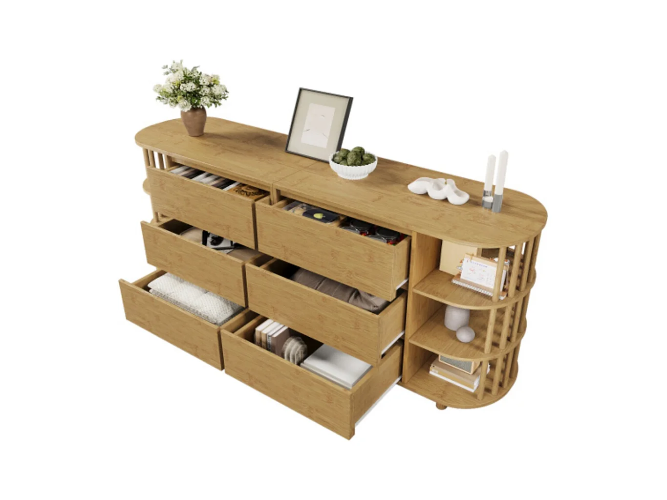 Kommode, Sideboard, 6 Schubladen & offene Regale, Höhenverstellbare Füße, Wohnzimmerunterschrank H75/B160/T40 cm