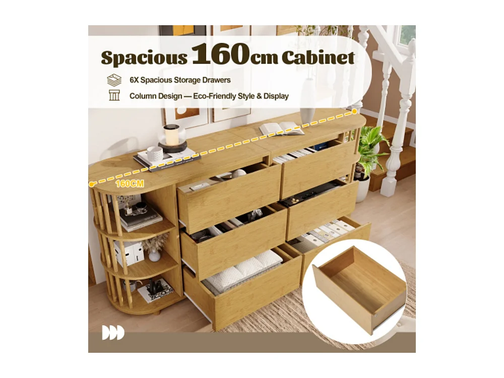 Kommode, Sideboard, 6 Schubladen & offene Regale, Höhenverstellbare Füße, Wohnzimmerunterschrank H75/B160/T40 cm