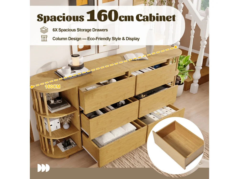 Kommode, Sideboard, 6 Schubladen & offene Regale, Höhenverstellbare Füße, Wohnzimmerunterschrank H75/B160/T40 cm