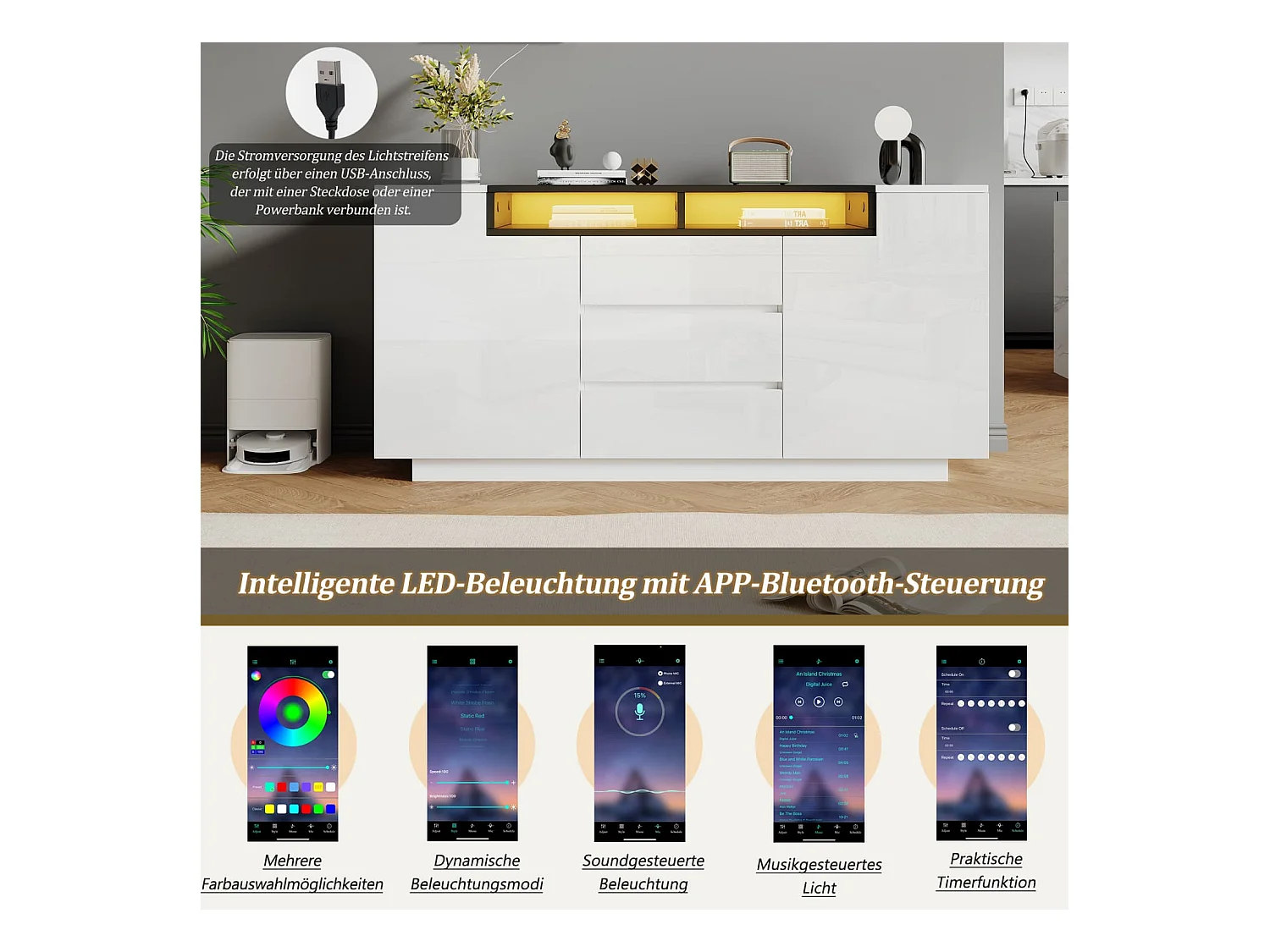 Sideboard mit 2 L-förmigen Türen,Wohnzimmerschrank mit verstellbaren Trennwänden und LED-Leuchten,Hochglanzschrank mit 3 Schubladen,Kommode