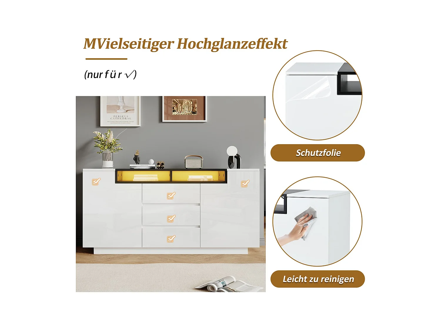 Sideboard mit 2 L-förmigen Türen,Wohnzimmerschrank mit verstellbaren Trennwänden und LED-Leuchten,Hochglanzschrank mit 3 Schubladen,Kommode