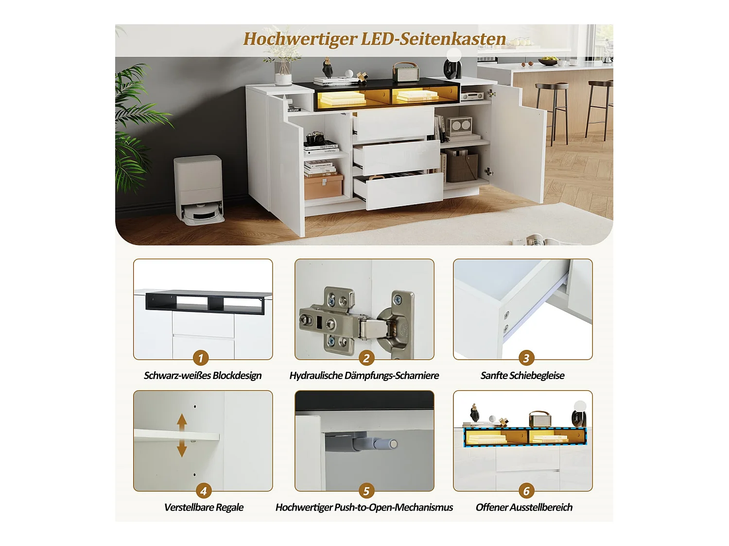 Sideboard mit 2 L-förmigen Türen,Wohnzimmerschrank mit verstellbaren Trennwänden und LED-Leuchten,Hochglanzschrank mit 3 Schubladen,Kommode
