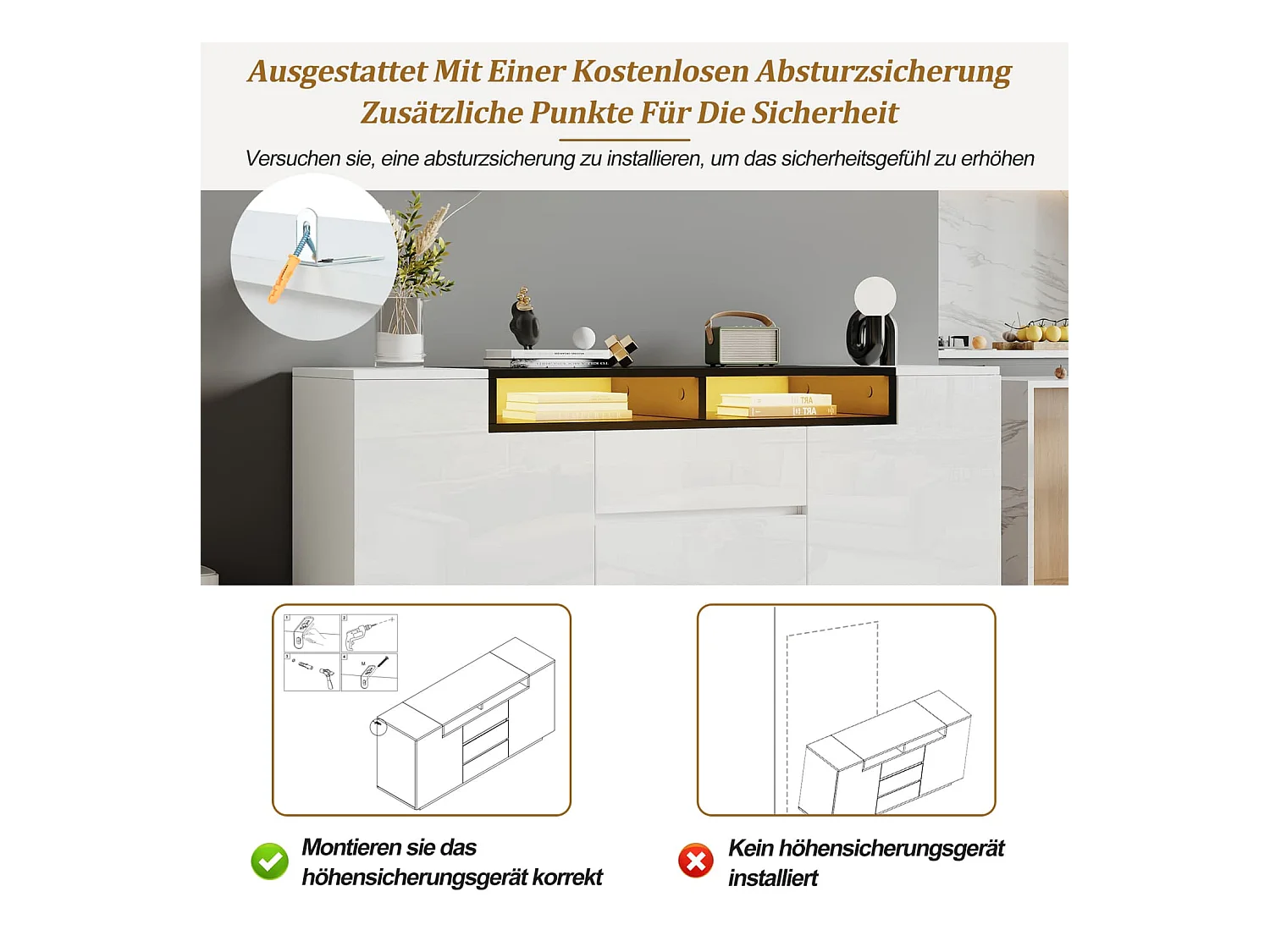 Sideboard mit 2 L-förmigen Türen,Wohnzimmerschrank mit verstellbaren Trennwänden und LED-Leuchten,Hochglanzschrank mit 3 Schubladen,Kommode