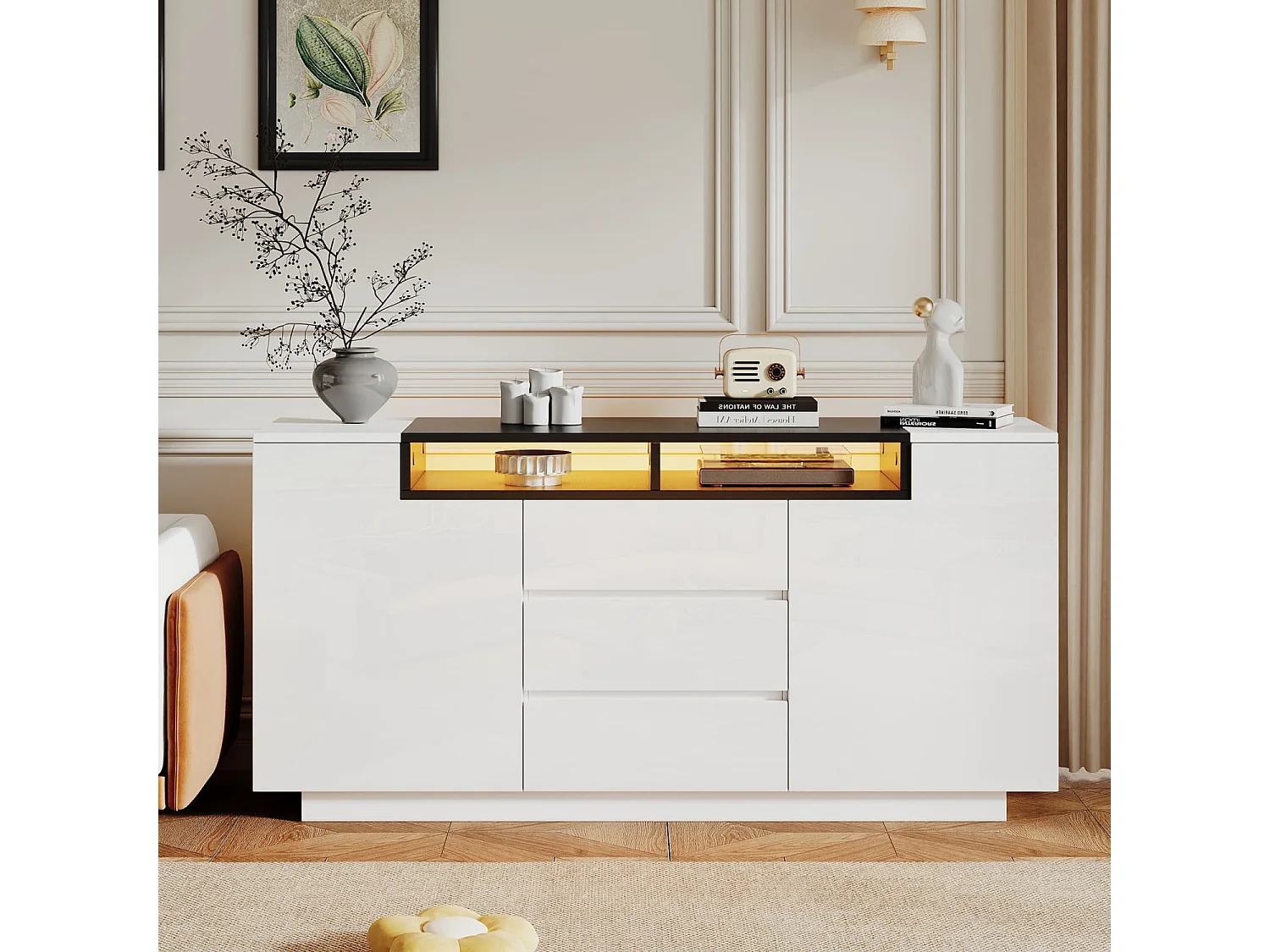 Sideboard mit 2 L-förmigen Türen,Wohnzimmerschrank mit verstellbaren Trennwänden und LED-Leuchten,Hochglanzschrank mit 3 Schubladen,Kommode