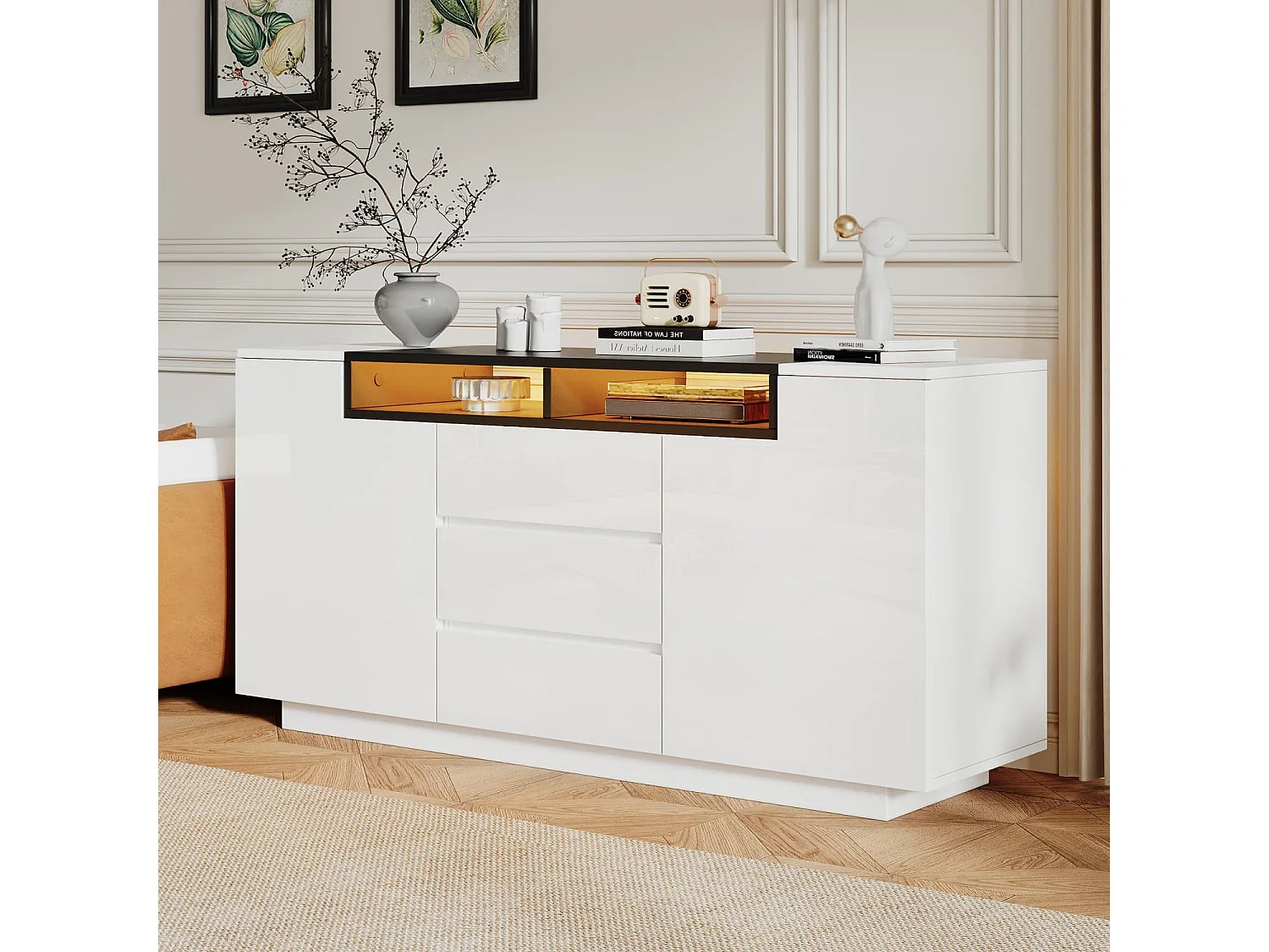 Sideboard mit 2 L-förmigen Türen,Wohnzimmerschrank mit verstellbaren Trennwänden und LED-Leuchten,Hochglanzschrank mit 3 Schubladen,Kommode