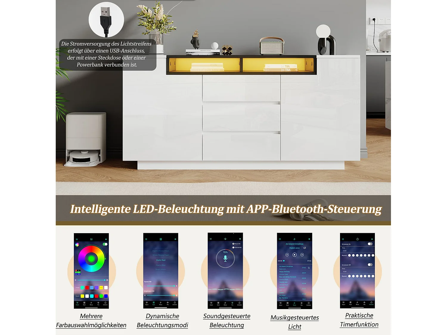 Sideboard mit 2 L-förmigen Türen,Wohnzimmerschrank mit verstellbaren Trennwänden und LED-Leuchten,Hochglanzschrank mit 3 Schubladen,Kommode