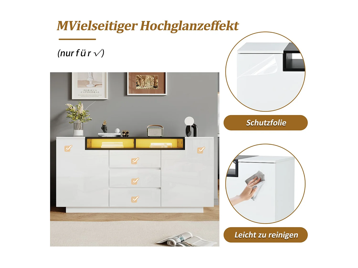 Sideboard mit 2 L-förmigen Türen,Wohnzimmerschrank mit verstellbaren Trennwänden und LED-Leuchten,Hochglanzschrank mit 3 Schubladen,Kommode