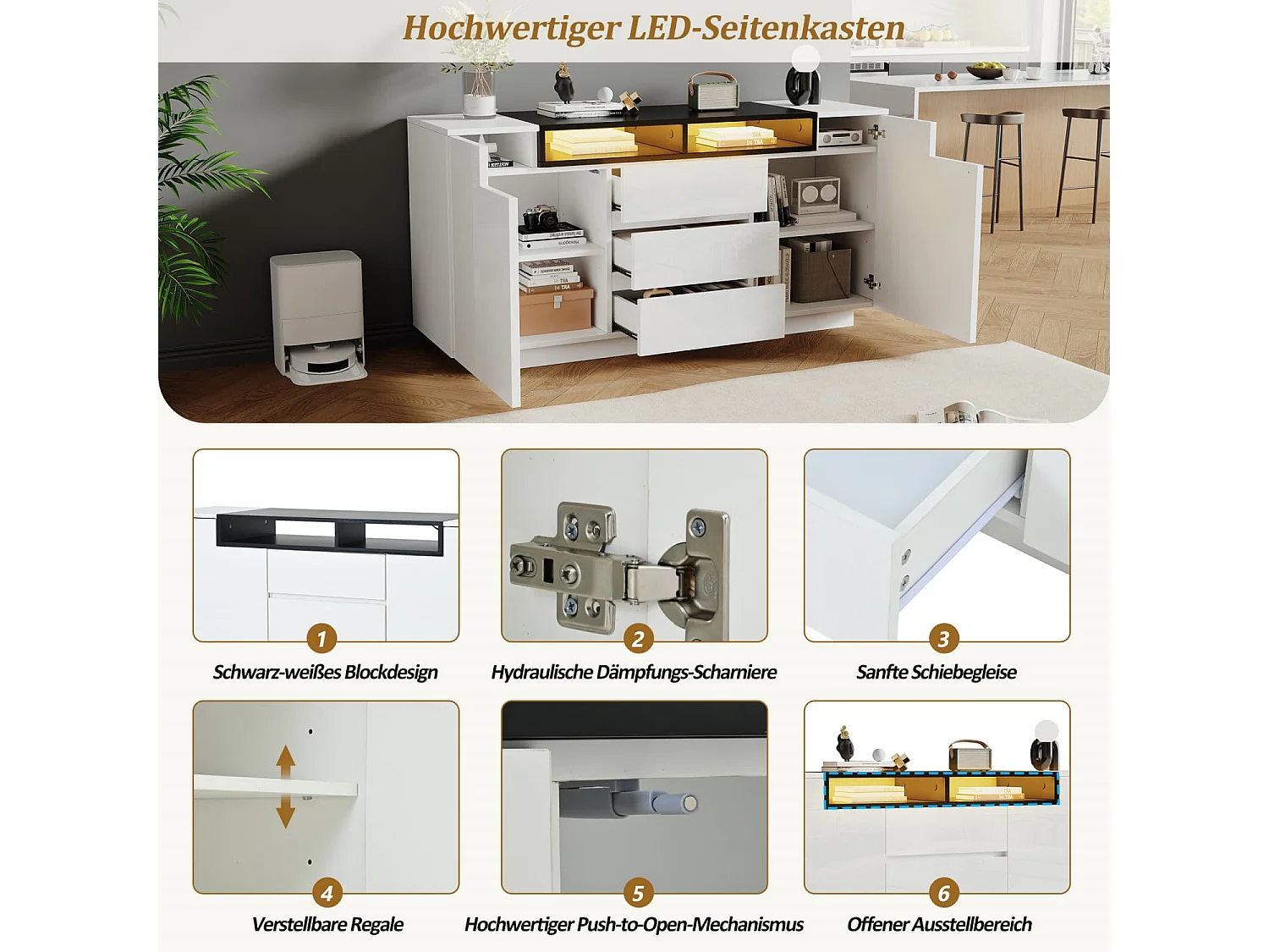Sideboard mit 2 L-förmigen Türen,Wohnzimmerschrank mit verstellbaren Trennwänden und LED-Leuchten,Hochglanzschrank mit 3 Schubladen,Kommode