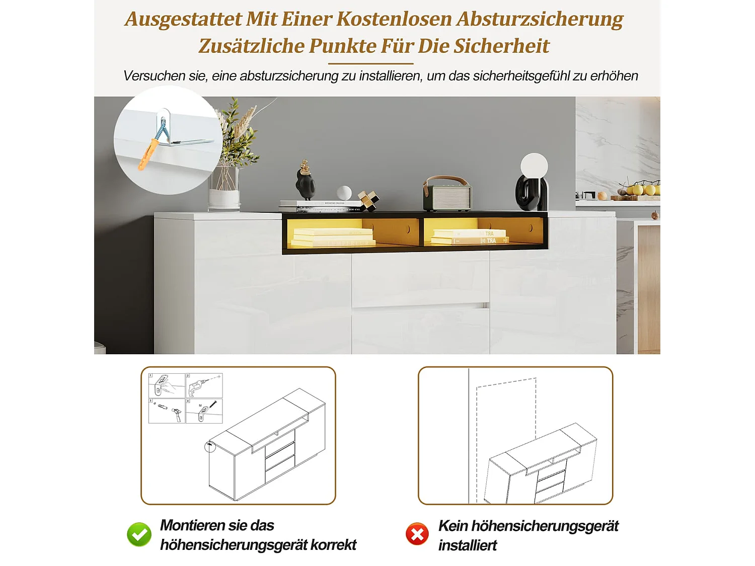 Sideboard mit 2 L-förmigen Türen,Wohnzimmerschrank mit verstellbaren Trennwänden und LED-Leuchten,Hochglanzschrank mit 3 Schubladen,Kommode