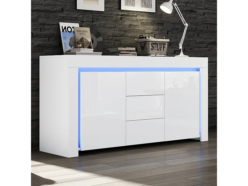 140*40*65cm Wohnzimmerschrank,Moderne Kommode mit 3 Schubladen,2 Türen,Hochglanz Beistellschrank mit LED-Lichtleiste,Sideboard mit Stauraum