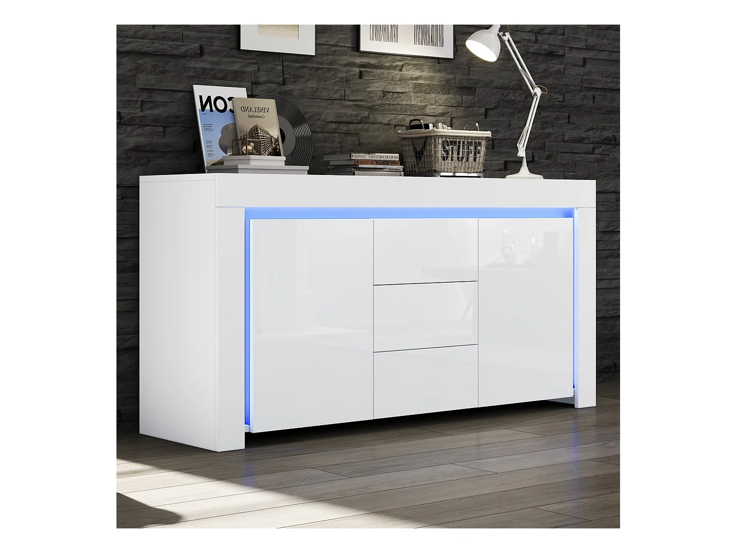 140*40*65cm Wohnzimmerschrank,Moderne Kommode mit 3 Schubladen,2 Türen,Hochglanz Beistellschrank mit LED-Lichtleiste,Sideboard mit Stauraum