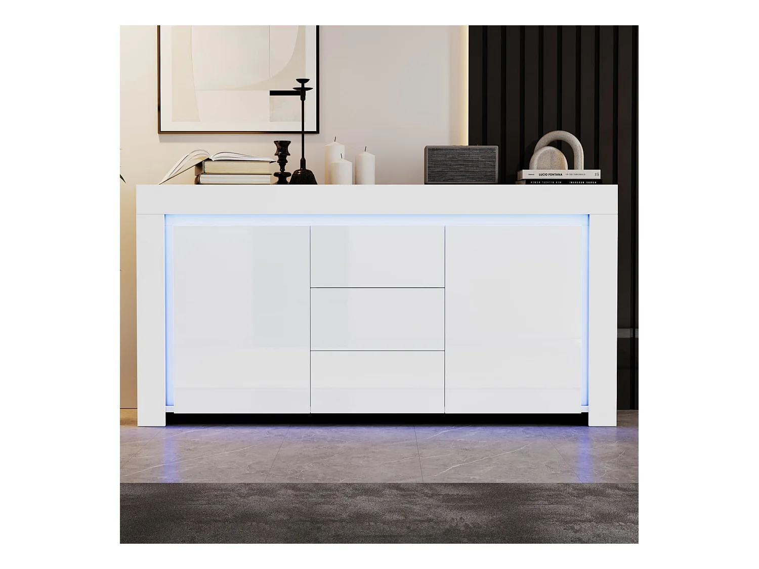 140*40*65cm Wohnzimmerschrank,Moderne Kommode mit 3 Schubladen,2 Türen,Hochglanz Beistellschrank mit LED-Lichtleiste,Sideboard mit Stauraum