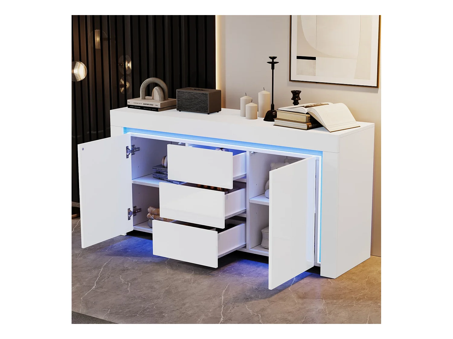 140*40*65cm Wohnzimmerschrank,Moderne Kommode mit 3 Schubladen,2 Türen,Hochglanz Beistellschrank mit LED-Lichtleiste,Sideboard mit Stauraum