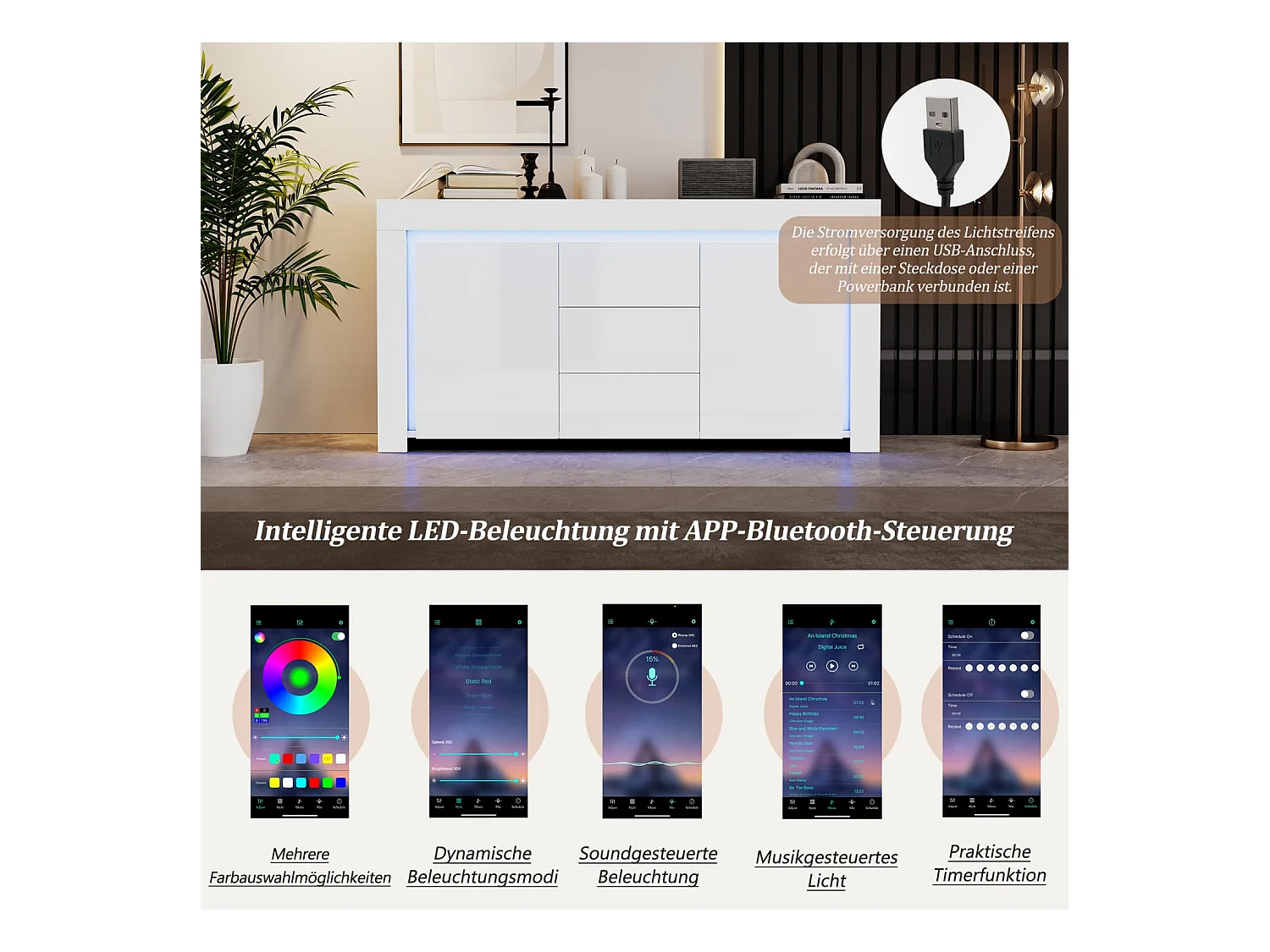 140*40*65cm Wohnzimmerschrank,Moderne Kommode mit 3 Schubladen,2 Türen,Hochglanz Beistellschrank mit LED-Lichtleiste,Sideboard mit Stauraum