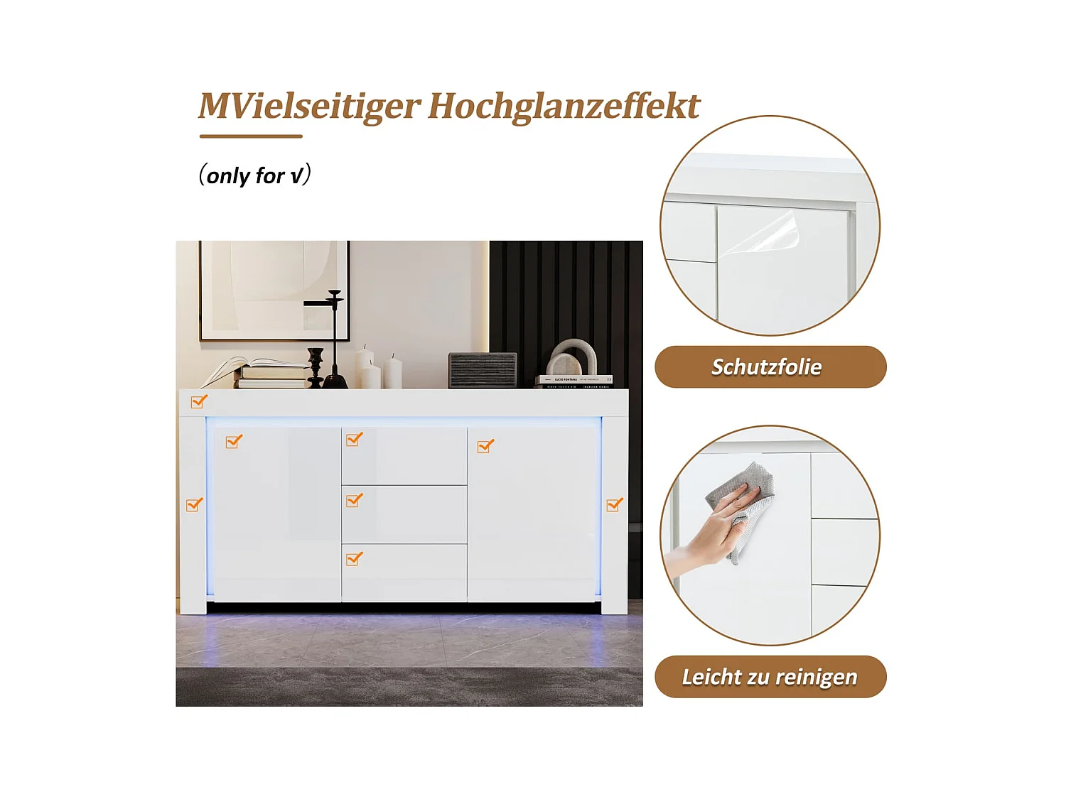 140*40*65cm Wohnzimmerschrank,Moderne Kommode mit 3 Schubladen,2 Türen,Hochglanz Beistellschrank mit LED-Lichtleiste,Sideboard mit Stauraum
