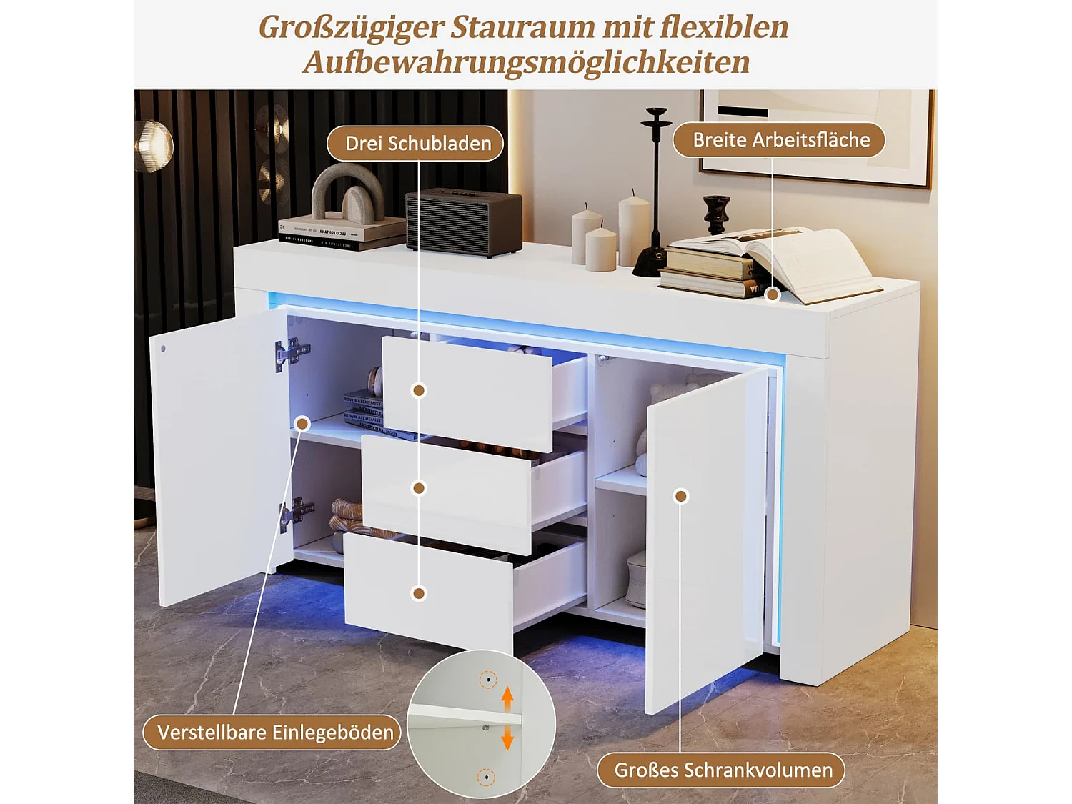 140*40*65cm Wohnzimmerschrank,Moderne Kommode mit 3 Schubladen,2 Türen,Hochglanz Beistellschrank mit LED-Lichtleiste,Sideboard mit Stauraum