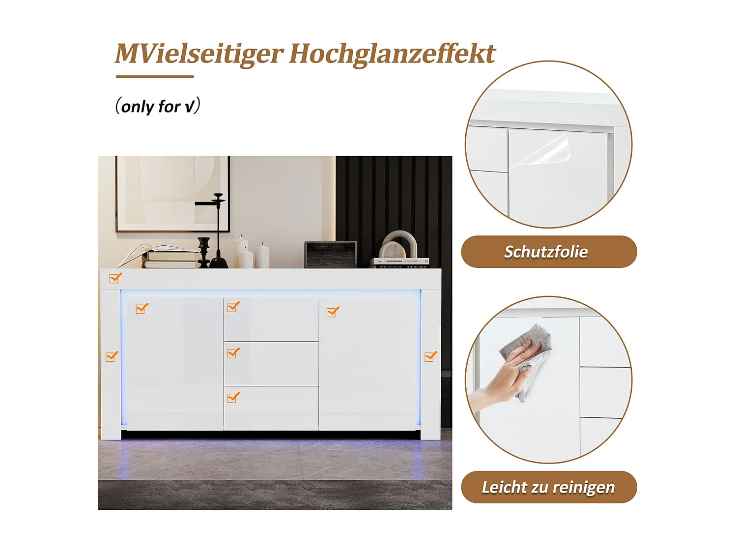 140*40*65cm Wohnzimmerschrank,Moderne Kommode mit 3 Schubladen,2 Türen,Hochglanz Beistellschrank mit LED-Lichtleiste,Sideboard mit Stauraum