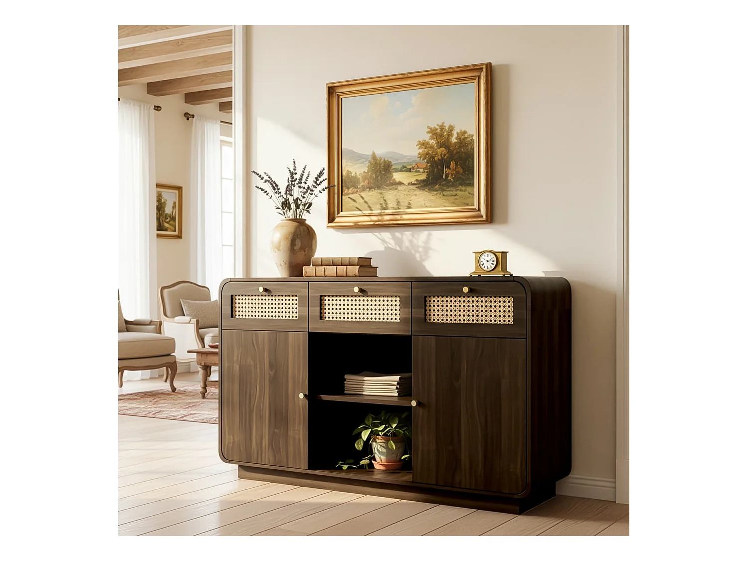Kommode Sideboard 120cm Nussbaum, Schubladenschrank mit Rattan & Goldgriffen,3 Schubladen+2 Schränke+offenes Regal,Höhenverstellbare Einlegeböden
