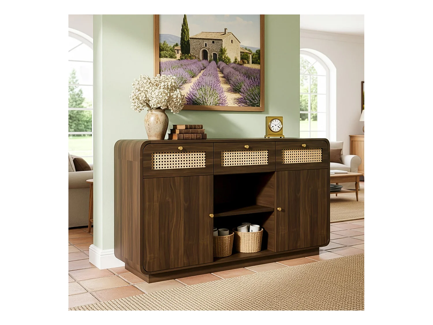 Kommode Sideboard 120cm Nussbaum, Schubladenschrank mit Rattan & Goldgriffen,3 Schubladen+2 Schränke+offenes Regal,Höhenverstellbare Einlegeböden