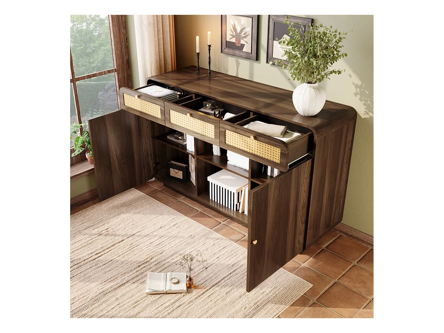 Kommode Sideboard 120cm Nussbaum, Schubladenschrank mit Rattan & Goldgriffen,3 Schubladen+2 Schränke+offenes Regal,Höhenverstellbare Einlegeböden