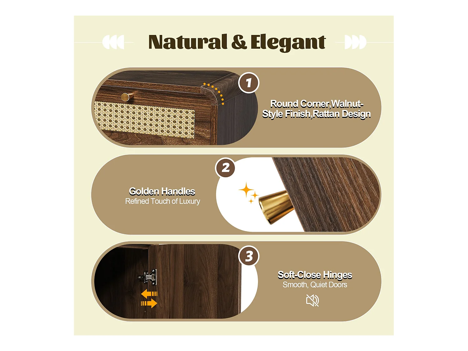 Kommode Sideboard 120cm Nussbaum, Schubladenschrank mit Rattan & Goldgriffen,3 Schubladen+2 Schränke+offenes Regal,Höhenverstellbare Einlegeböden