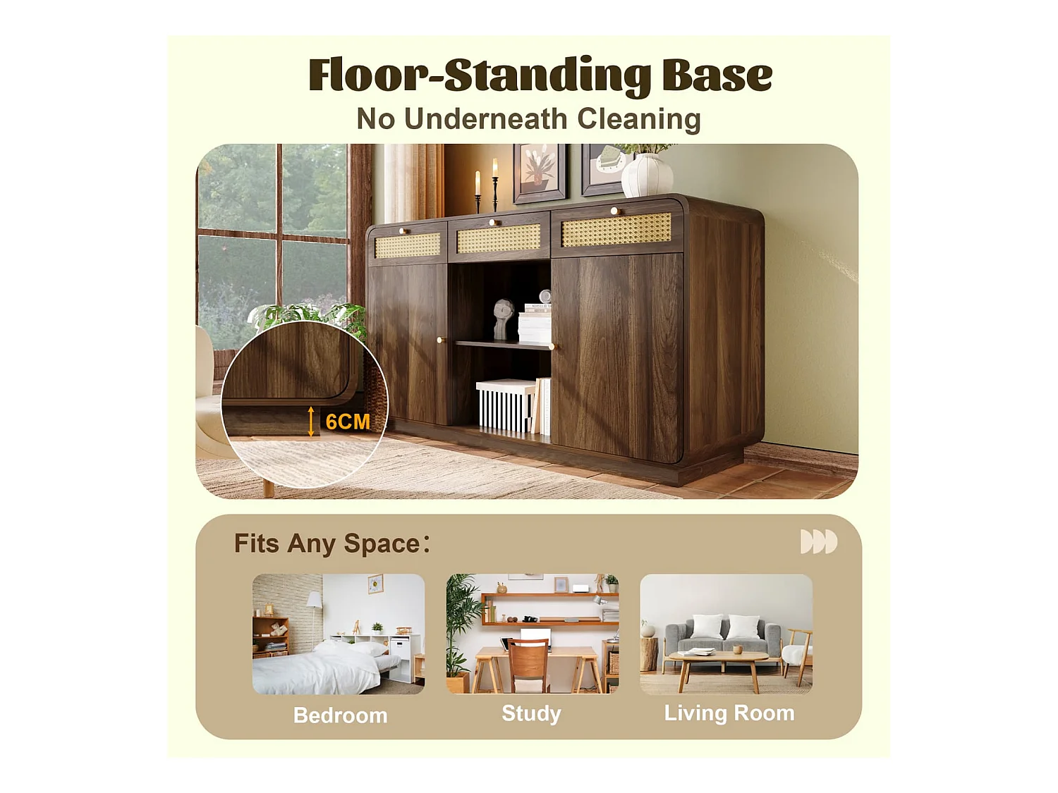 Kommode Sideboard 120cm Nussbaum, Schubladenschrank mit Rattan & Goldgriffen,3 Schubladen+2 Schränke+offenes Regal,Höhenverstellbare Einlegeböden