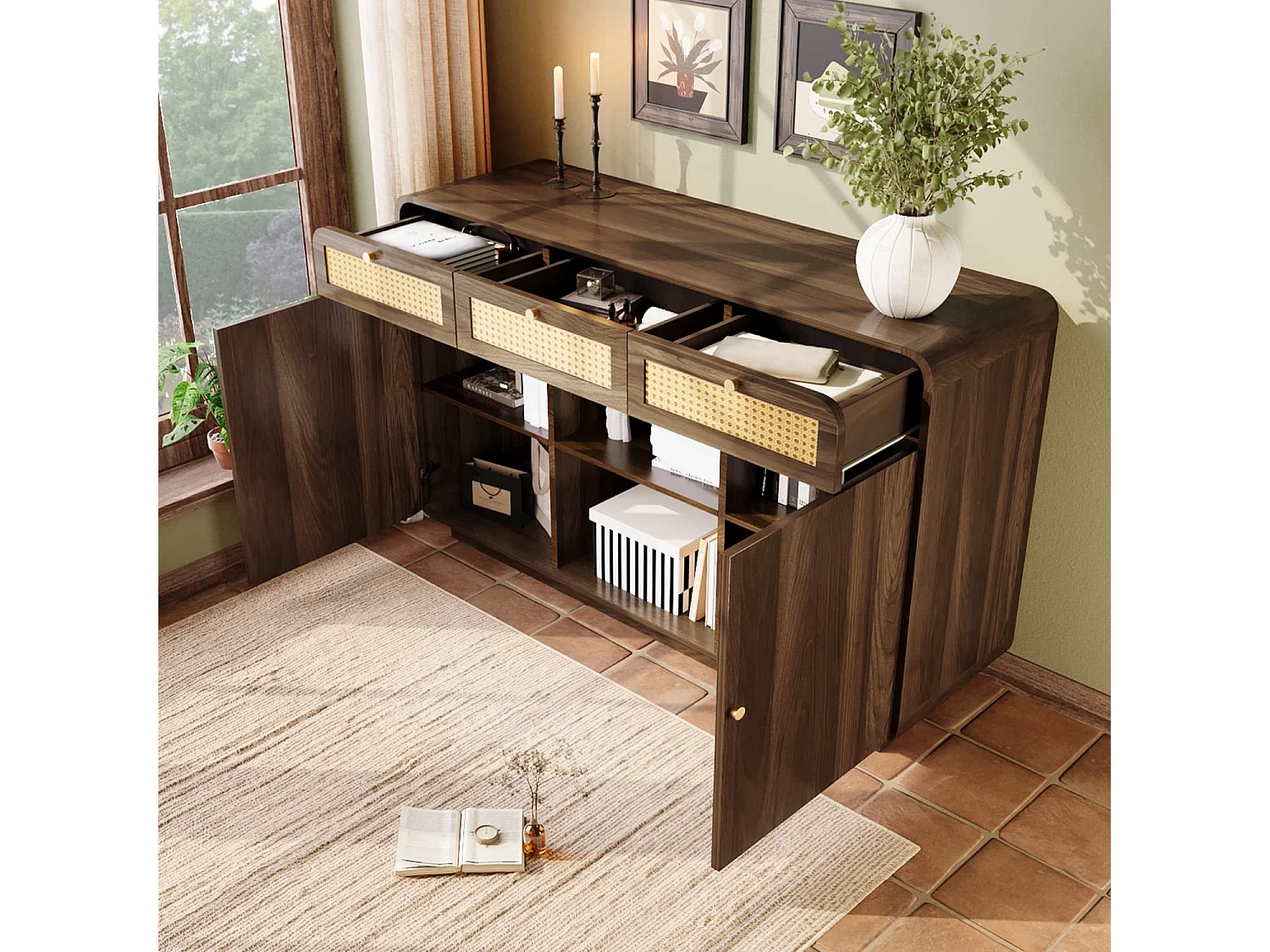 Kommode Sideboard 120cm Nussbaum, Schubladenschrank mit Rattan & Goldgriffen,3 Schubladen+2 Schränke+offenes Regal,Höhenverstellbare Einlegeböden