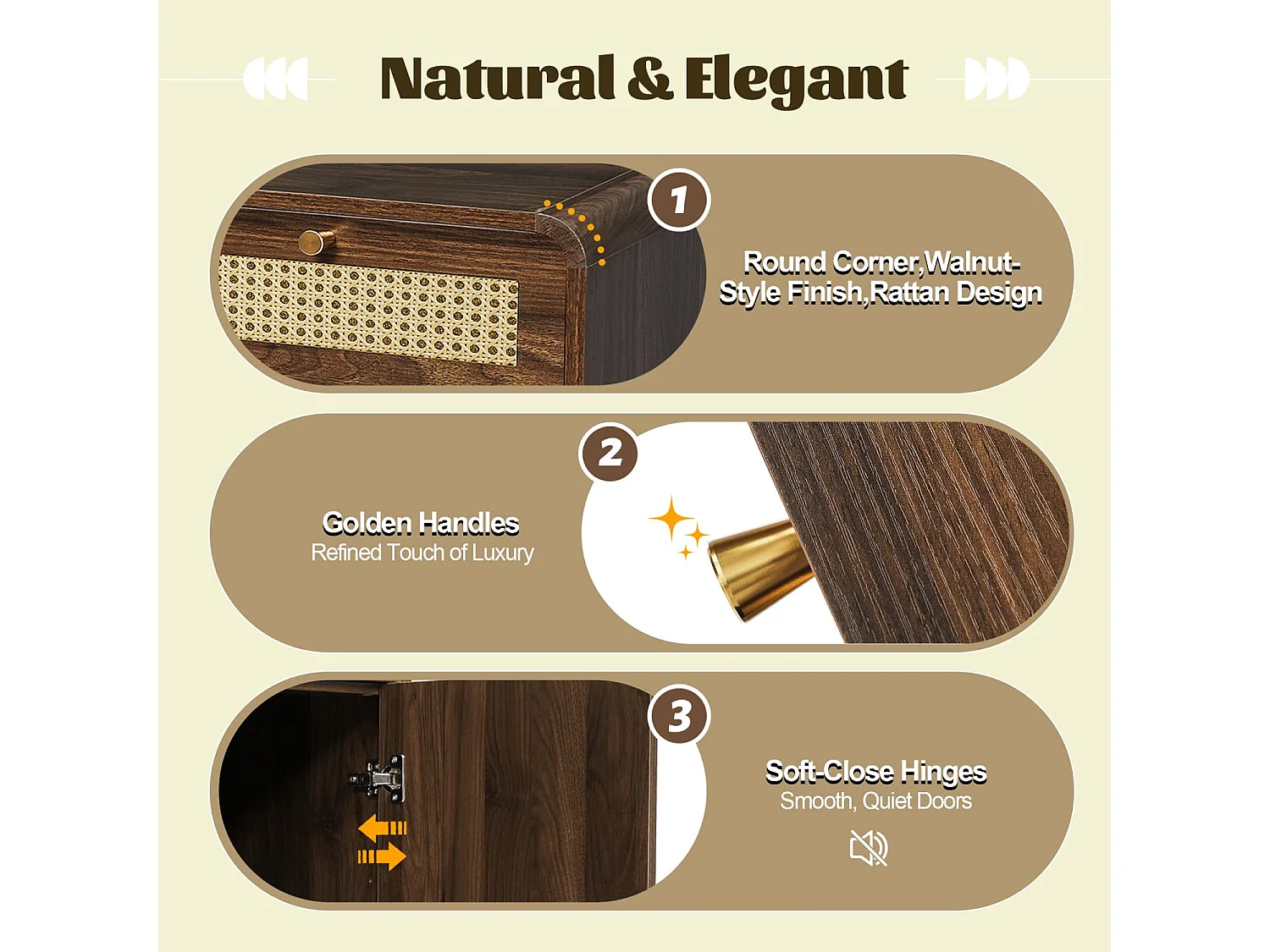 Kommode Sideboard 120cm Nussbaum, Schubladenschrank mit Rattan & Goldgriffen,3 Schubladen+2 Schränke+offenes Regal,Höhenverstellbare Einlegeböden