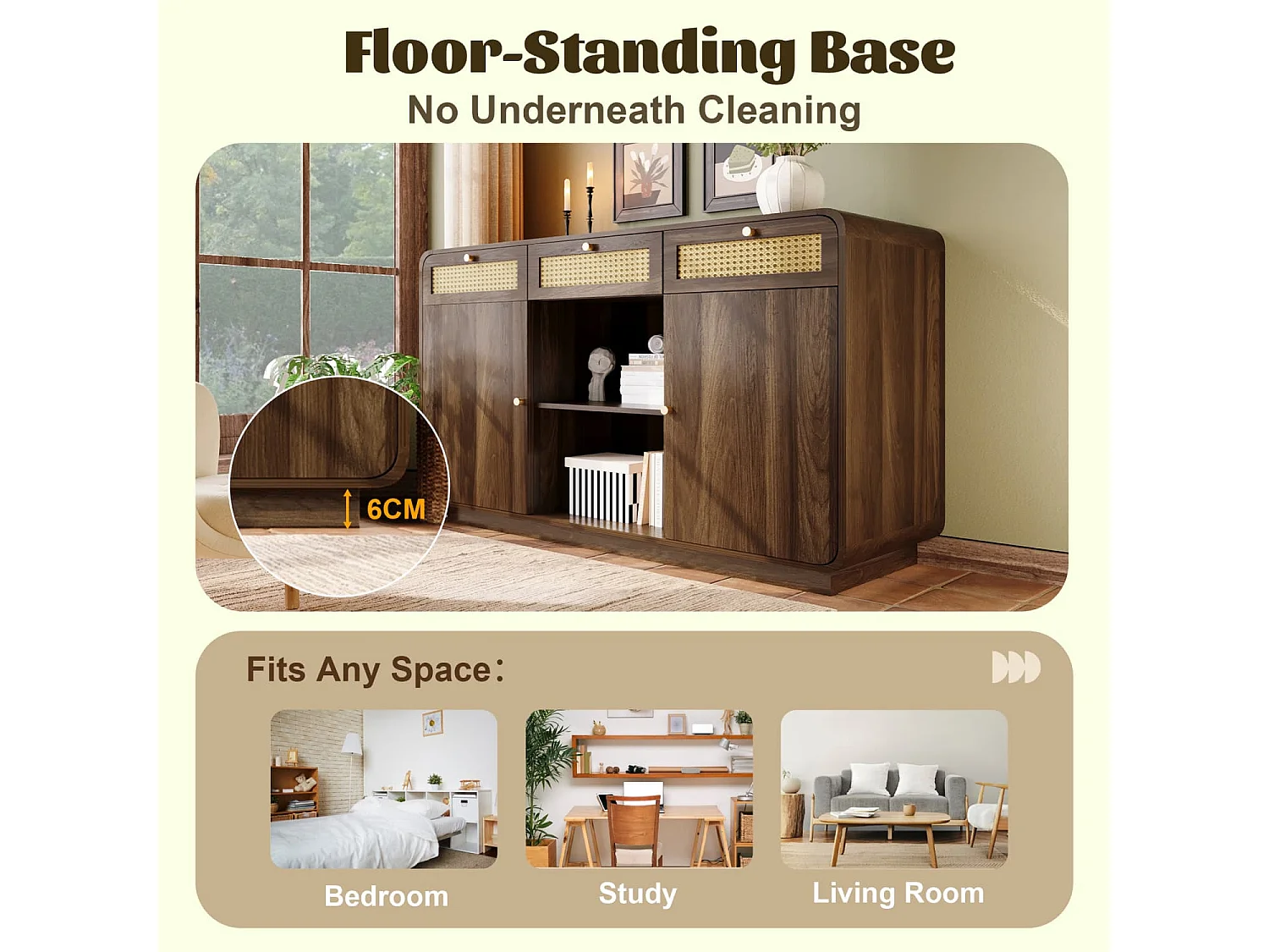 Kommode Sideboard 120cm Nussbaum, Schubladenschrank mit Rattan & Goldgriffen,3 Schubladen+2 Schränke+offenes Regal,Höhenverstellbare Einlegeböden