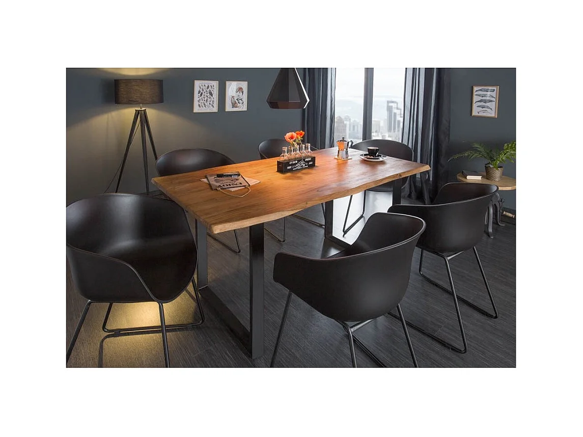 Table ARKAYA 160 cm – Plateau en bois d'acacia sauvage verni et pieds en métal noir en U – Style industriel