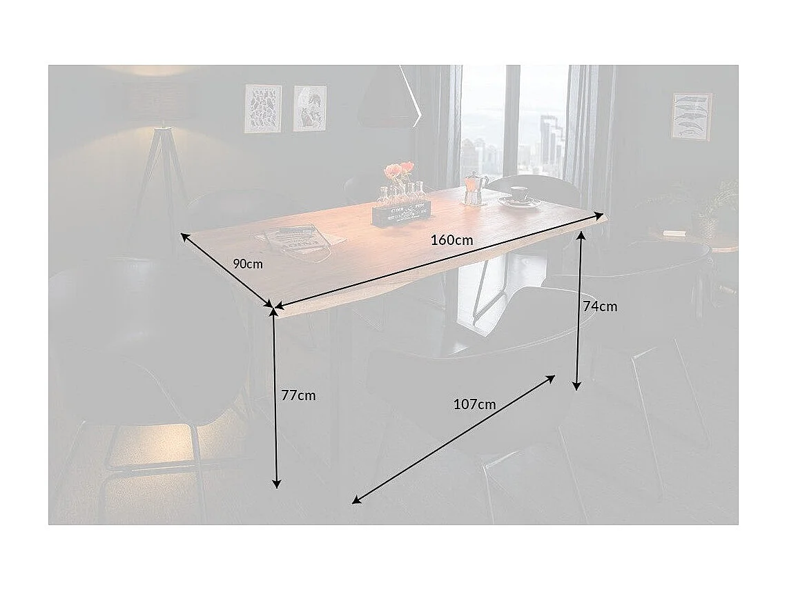 Table ARKAYA 160 cm – Plateau en bois d'acacia sauvage verni et pieds en métal noir en U – Style industriel