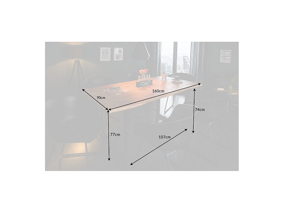 ARKAYA tafel 160 cm Gelakt wild acaciahouten blad Zwarte metalen U-poten Industriële stijl