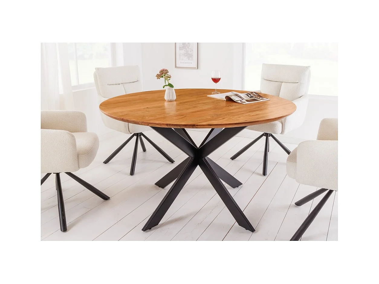 Table de salle à manger SOLARA 130 cm – Plateau rond en acacia massif et pieds métal noir – Style industriel chic