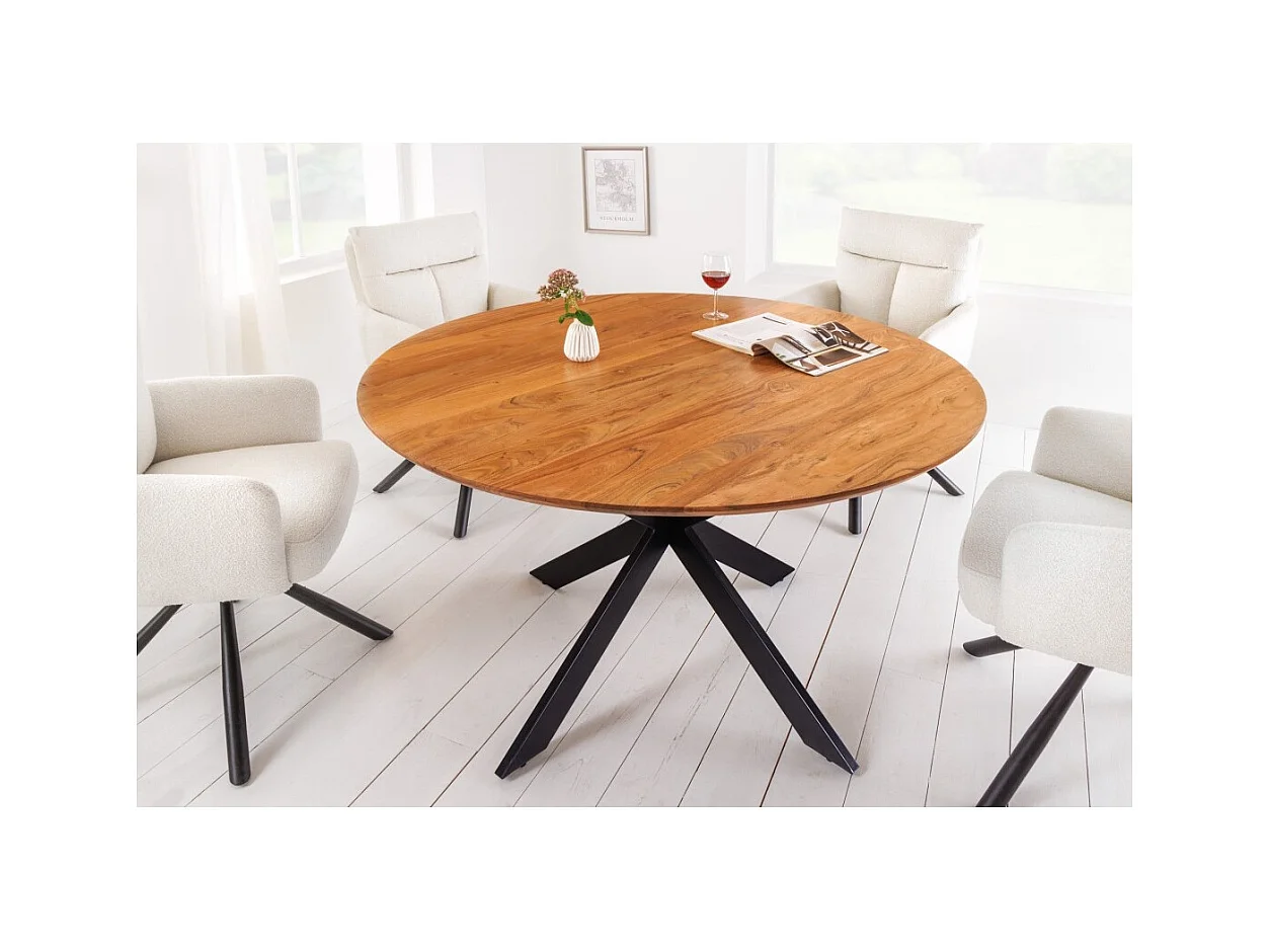 Table de salle à manger SOLARA 130 cm – Plateau rond en acacia massif et pieds métal noir – Style industriel chic