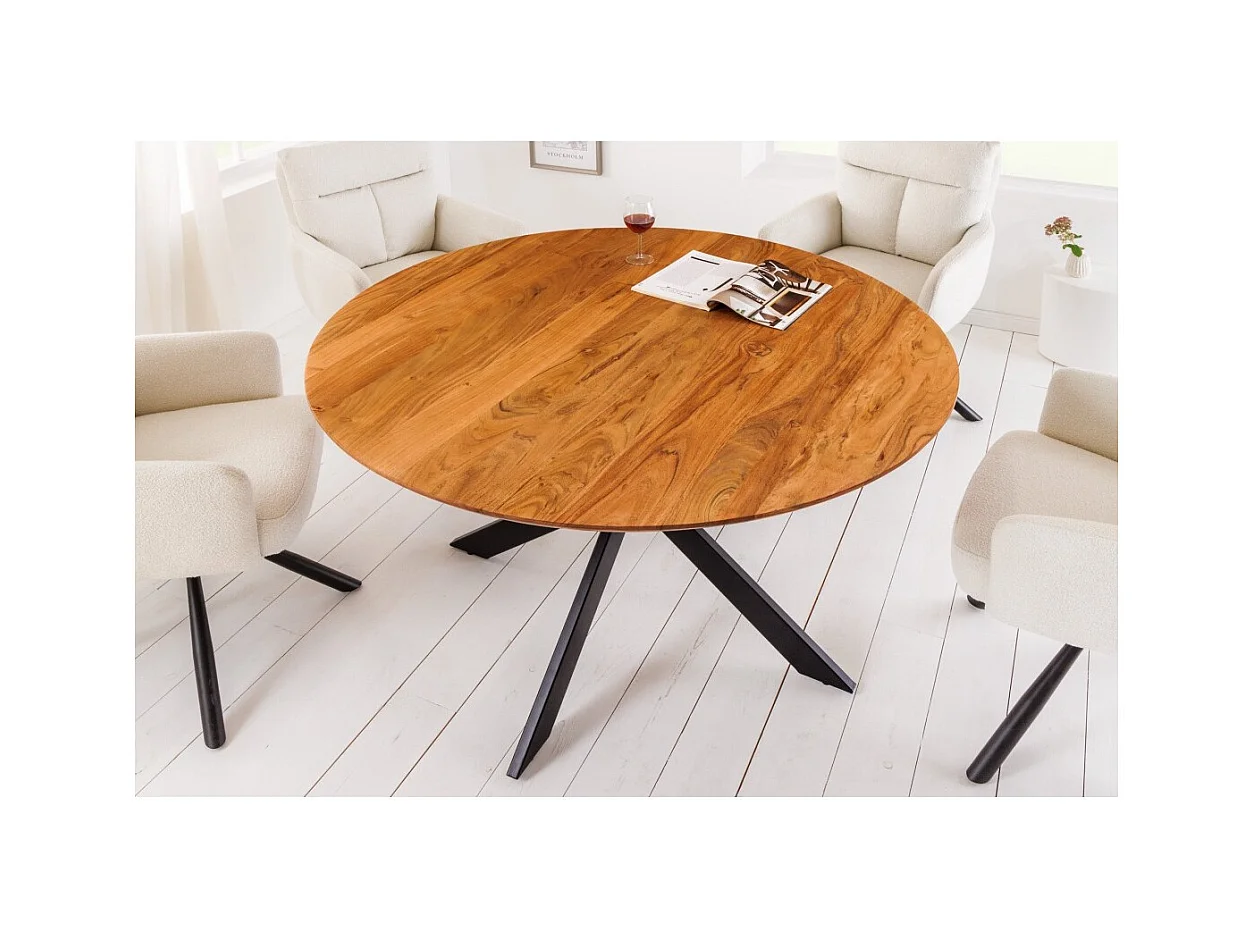 Table de salle à manger SOLARA 130 cm – Plateau rond en acacia massif et pieds métal noir – Style industriel chic