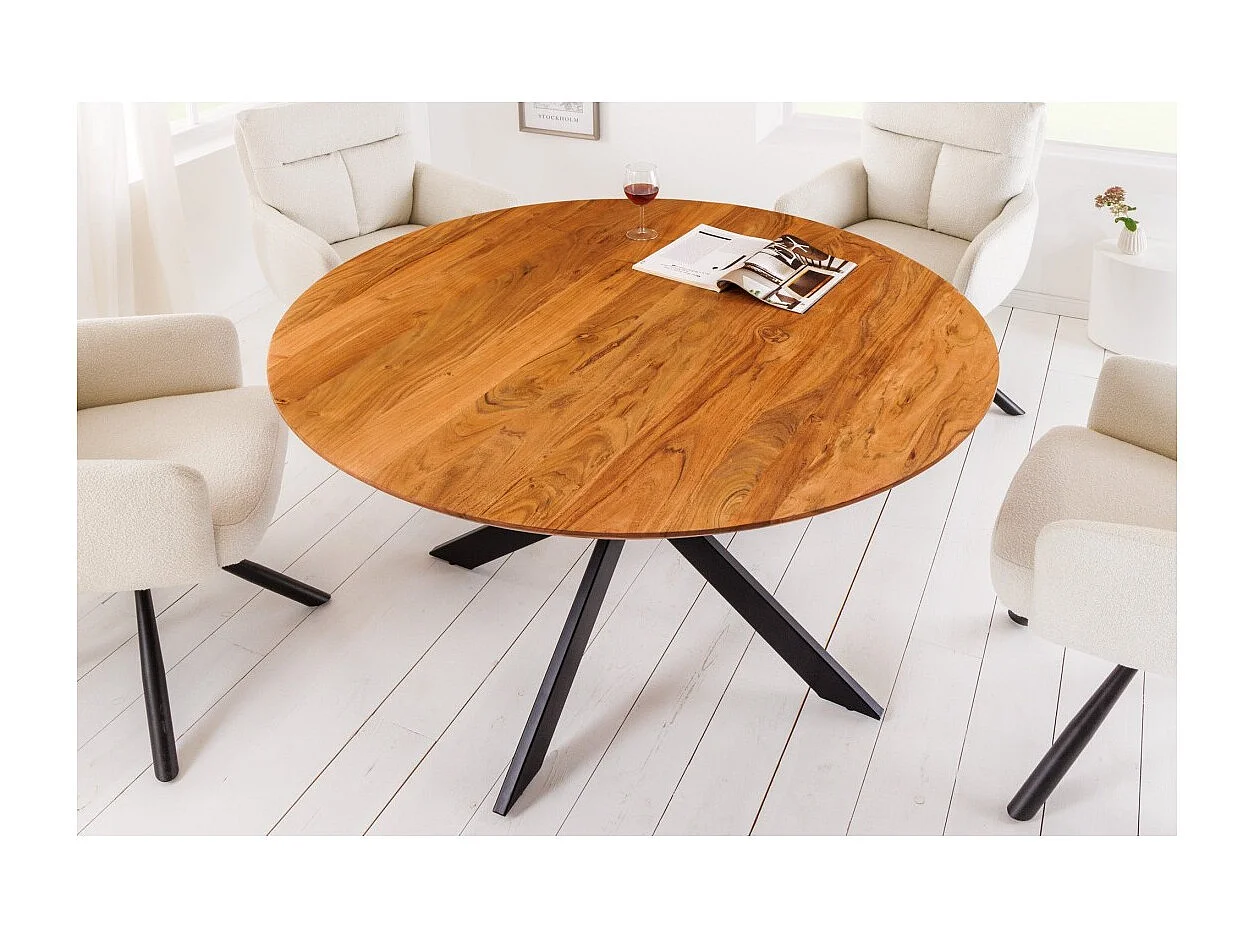 Table de salle à manger SOLARA 130 cm – Plateau rond en acacia massif et pieds métal noir – Style industriel chic