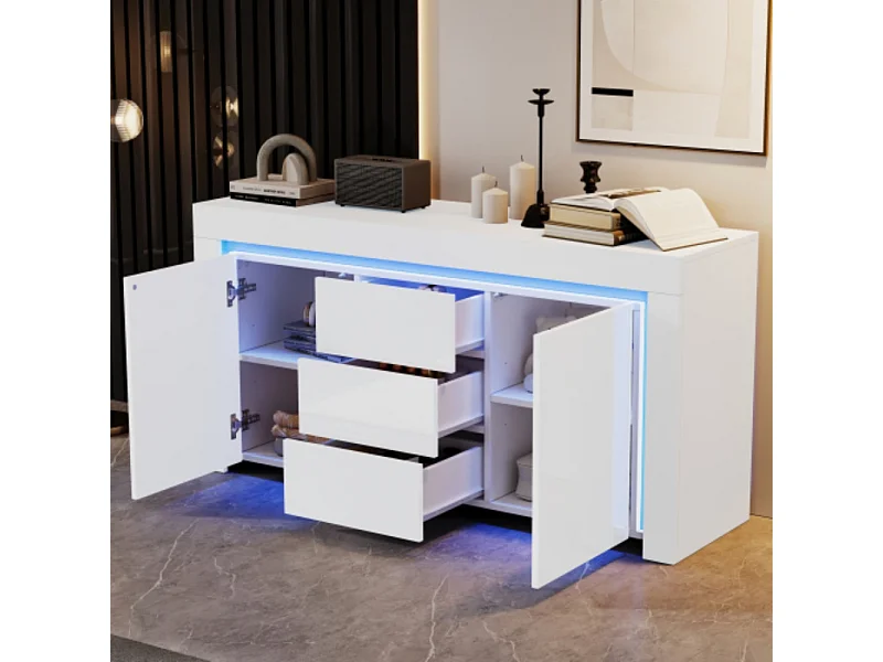 Kommode mit 3 Schubladen,2 Türen, Hochglanz Beistellschrank mit LED-Lichtleiste,Sideboard mit Stauraum,für Flure, Wohnzimmer 140*40*65cm