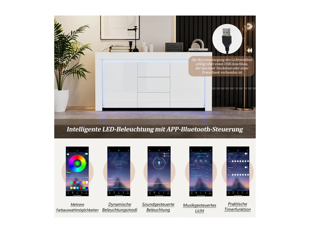 Kommode mit 3 Schubladen,2 Türen, Hochglanz Beistellschrank mit LED-Lichtleiste,Sideboard mit Stauraum,für Flure, Wohnzimmer 140*40*65cm