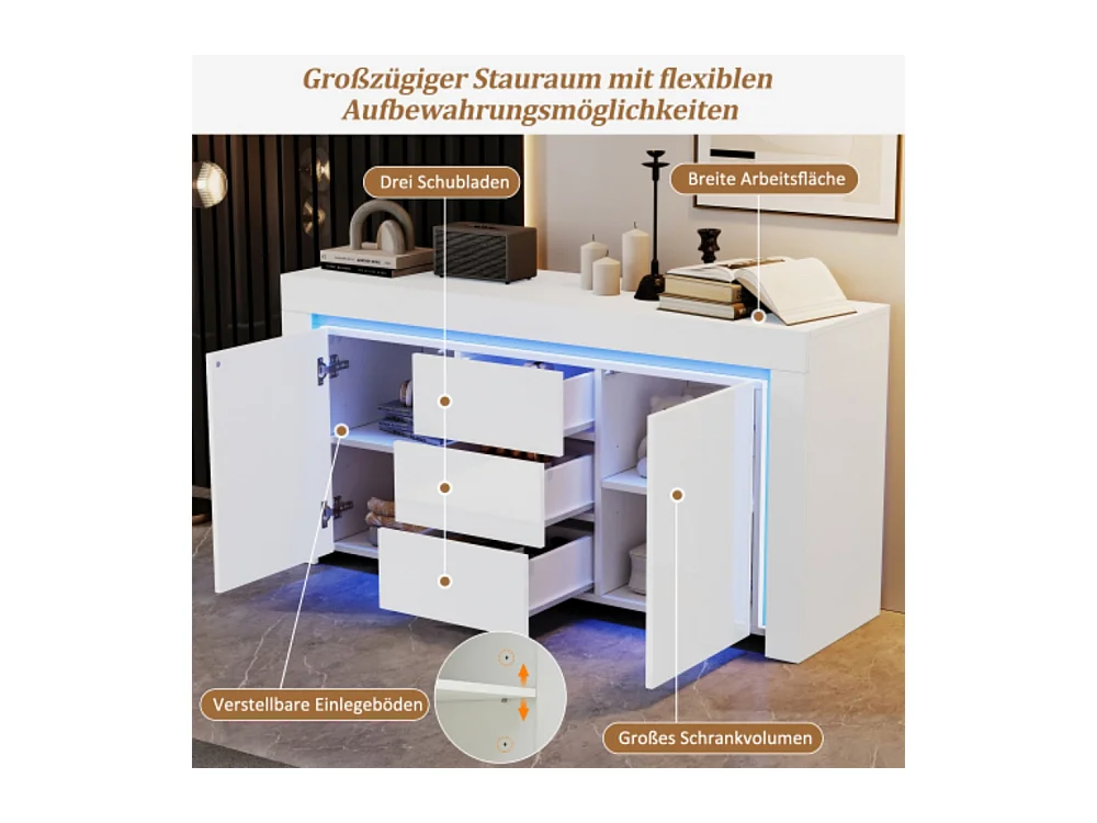 Kommode mit 3 Schubladen,2 Türen, Hochglanz Beistellschrank mit LED-Lichtleiste,Sideboard mit Stauraum,für Flure, Wohnzimmer 140*40*65cm
