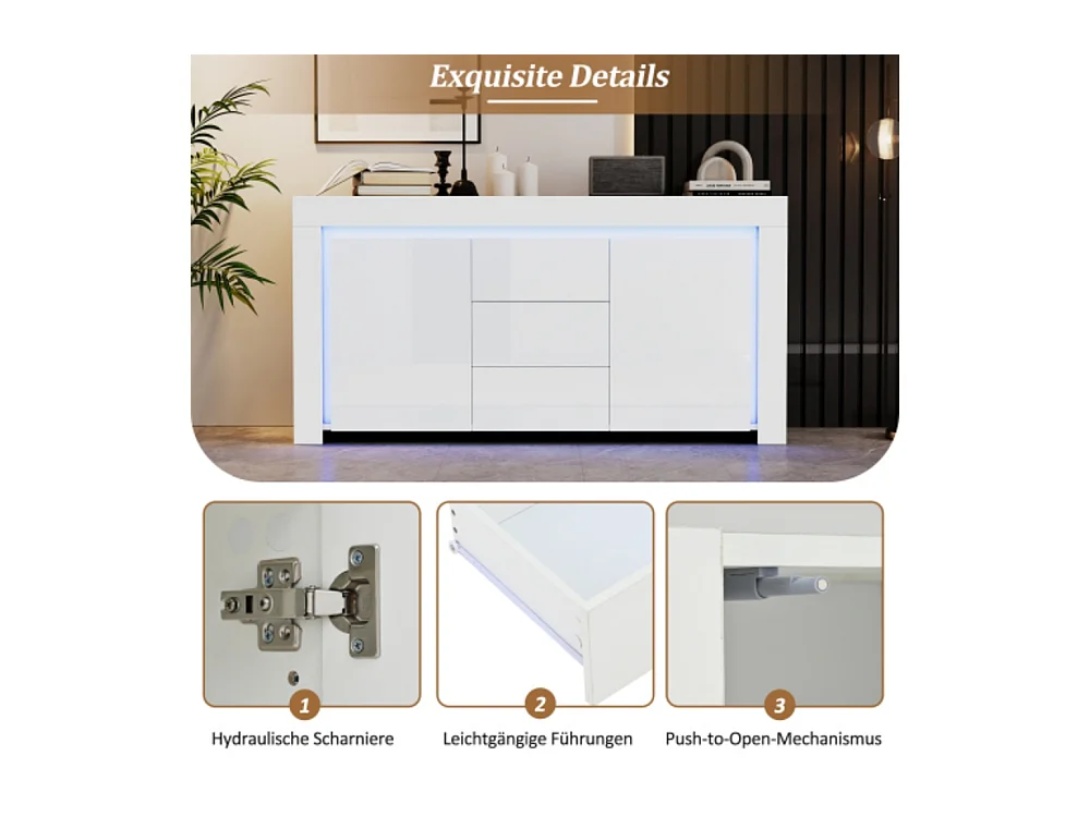 Kommode mit 3 Schubladen,2 Türen, Hochglanz Beistellschrank mit LED-Lichtleiste,Sideboard mit Stauraum,für Flure, Wohnzimmer 140*40*65cm