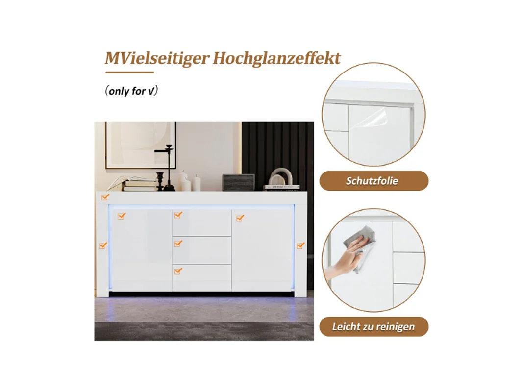 Kommode mit 3 Schubladen,2 Türen, Hochglanz Beistellschrank mit LED-Lichtleiste,Sideboard mit Stauraum,für Flure, Wohnzimmer 140*40*65cm