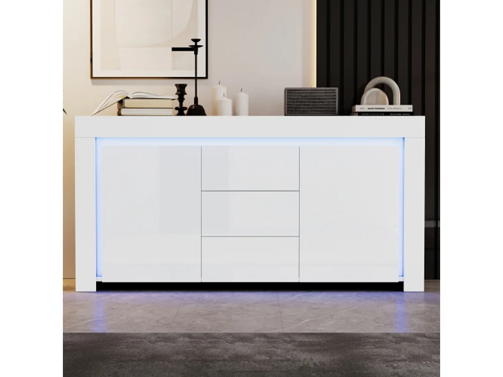 Kommode mit 3 Schubladen,2 Türen, Hochglanz Beistellschrank mit LED-Lichtleiste,Sideboard mit Stauraum,für Flure, Wohnzimmer 140*40*65cm